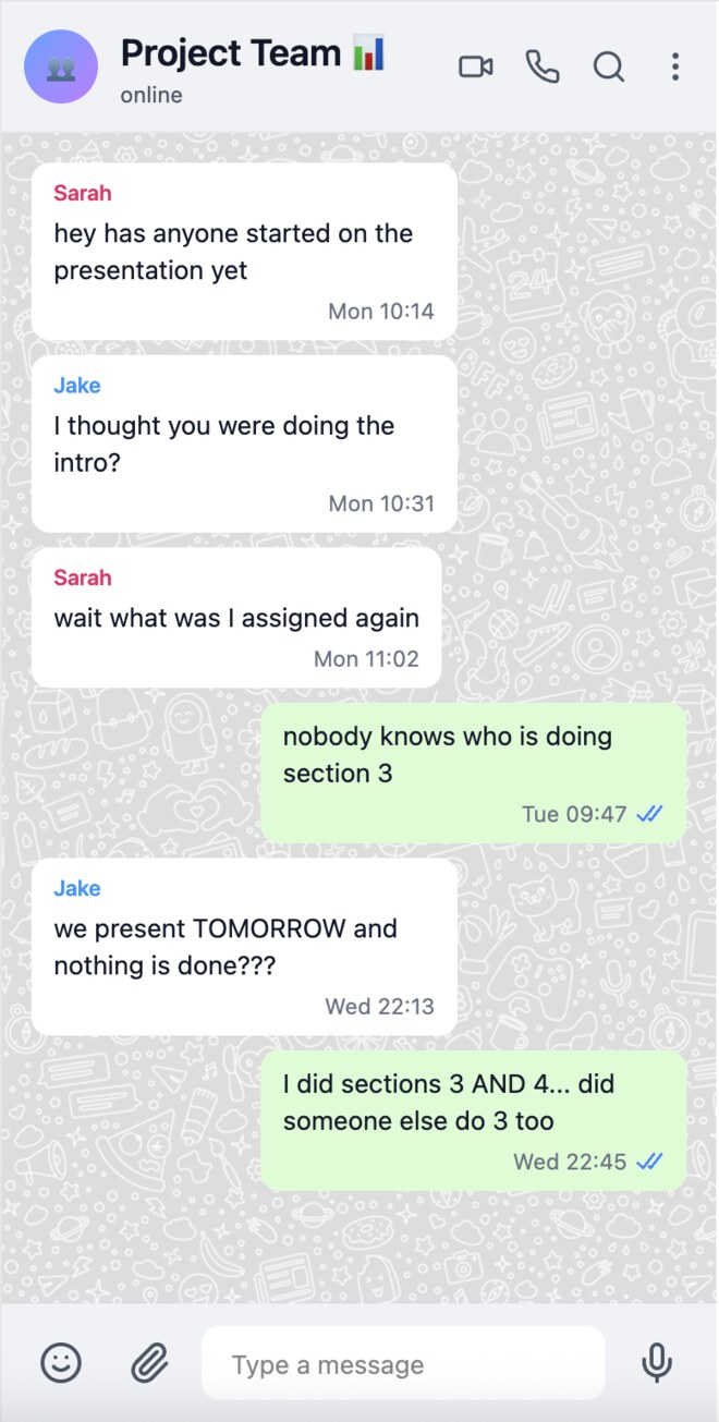 A student group chat in chaos the night before a deadline