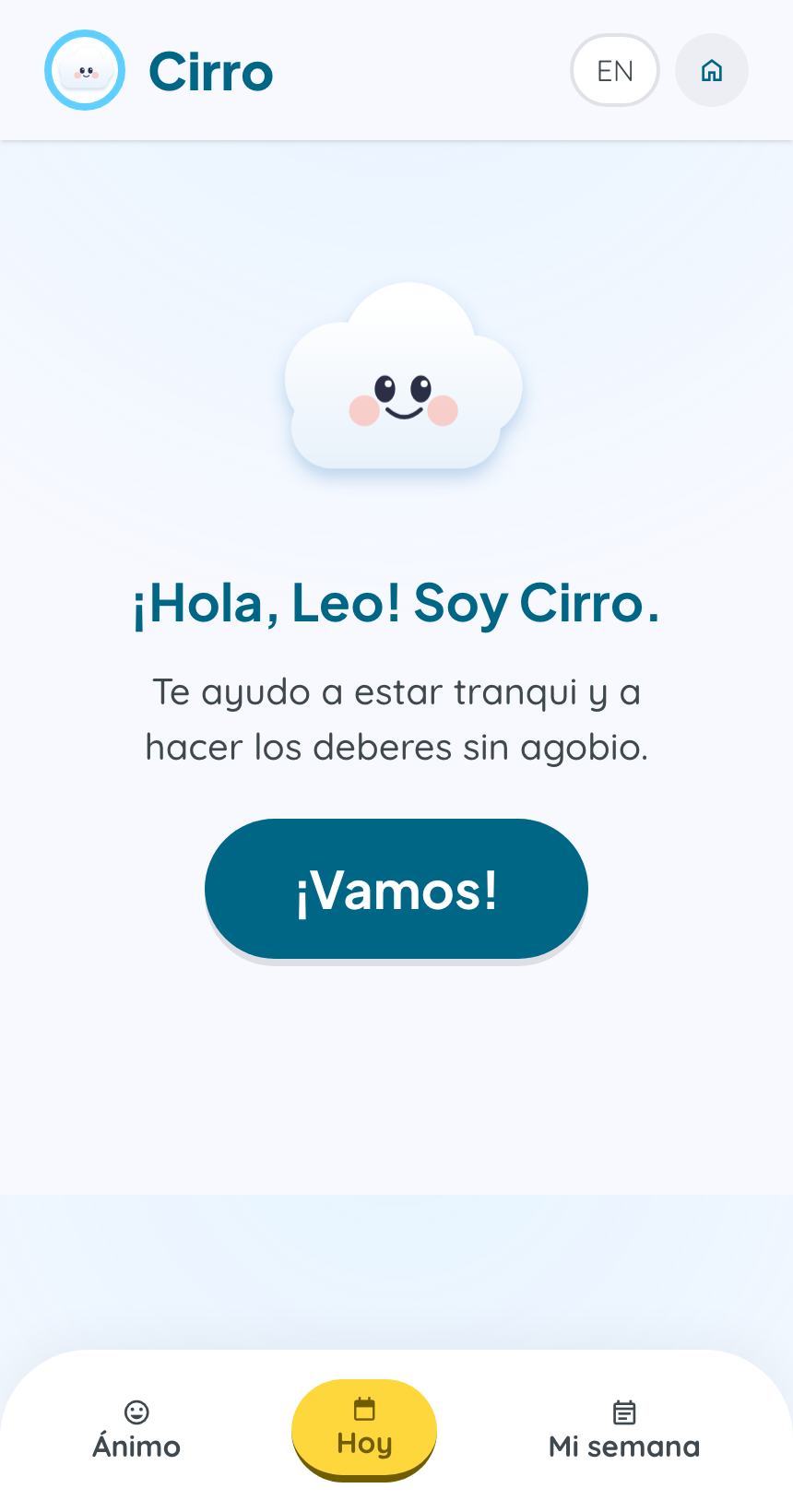 Welcome screen: the Cirro cloud greets Leo