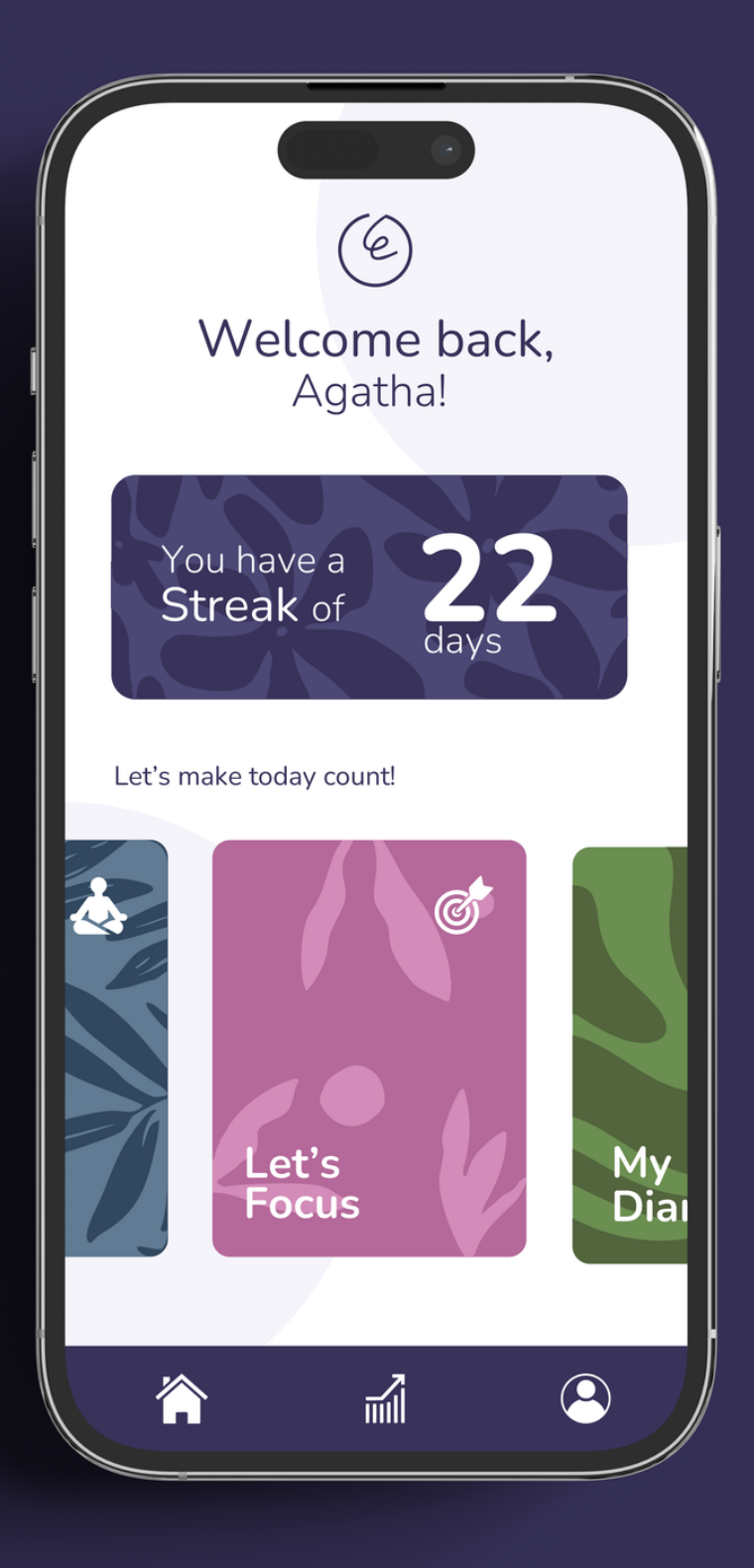 Momentum home screen: welcome back, a 22 day streak and the Let's Focus activity cards