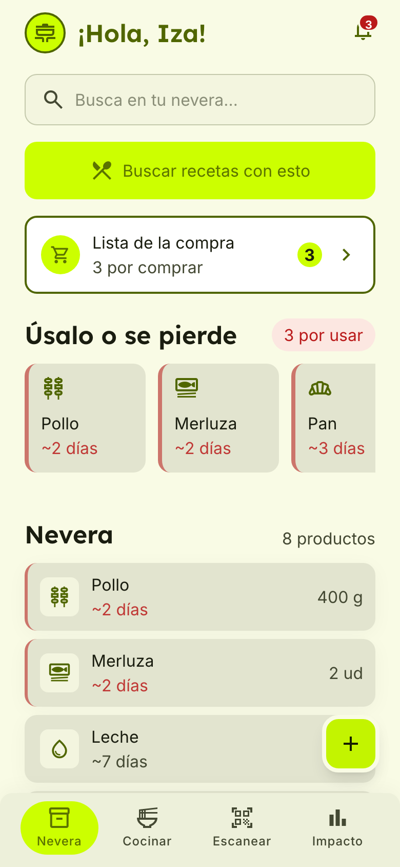 The pantry: use it or lose it alerts with days left, the fridge list and the shopping list