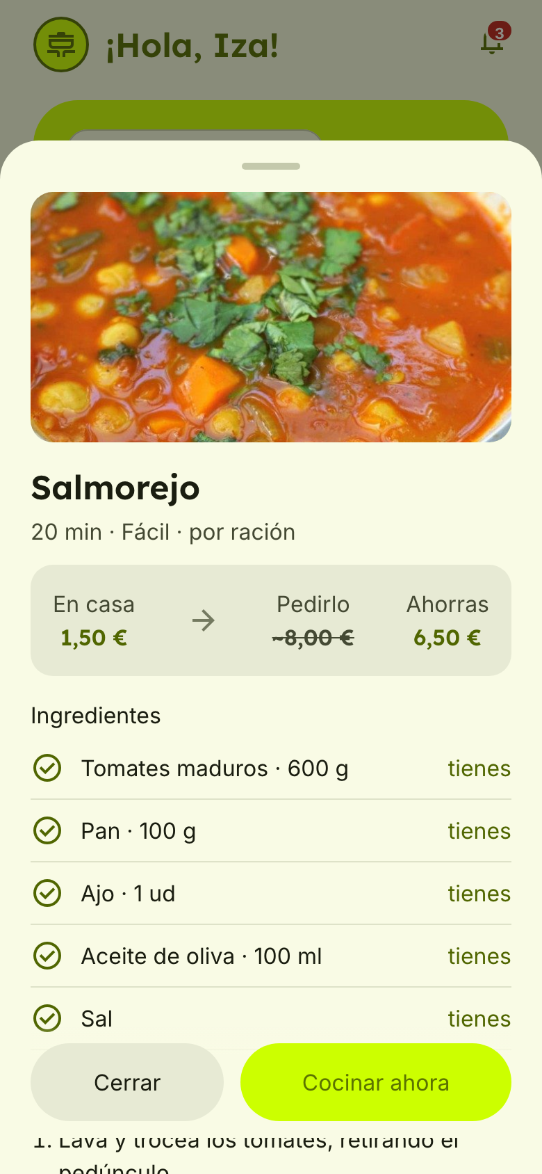 A salmorejo recipe with the cost compare: 1.50 euros at home versus 8 euros ordered in
